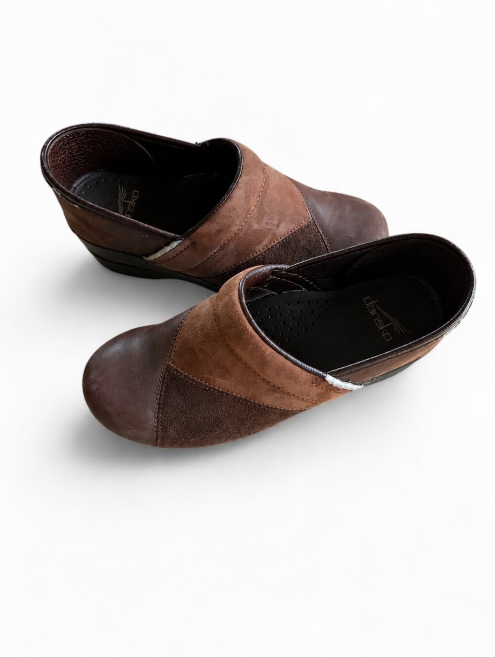 Dansko Two-Tone Brown Leather Suede Clogs
